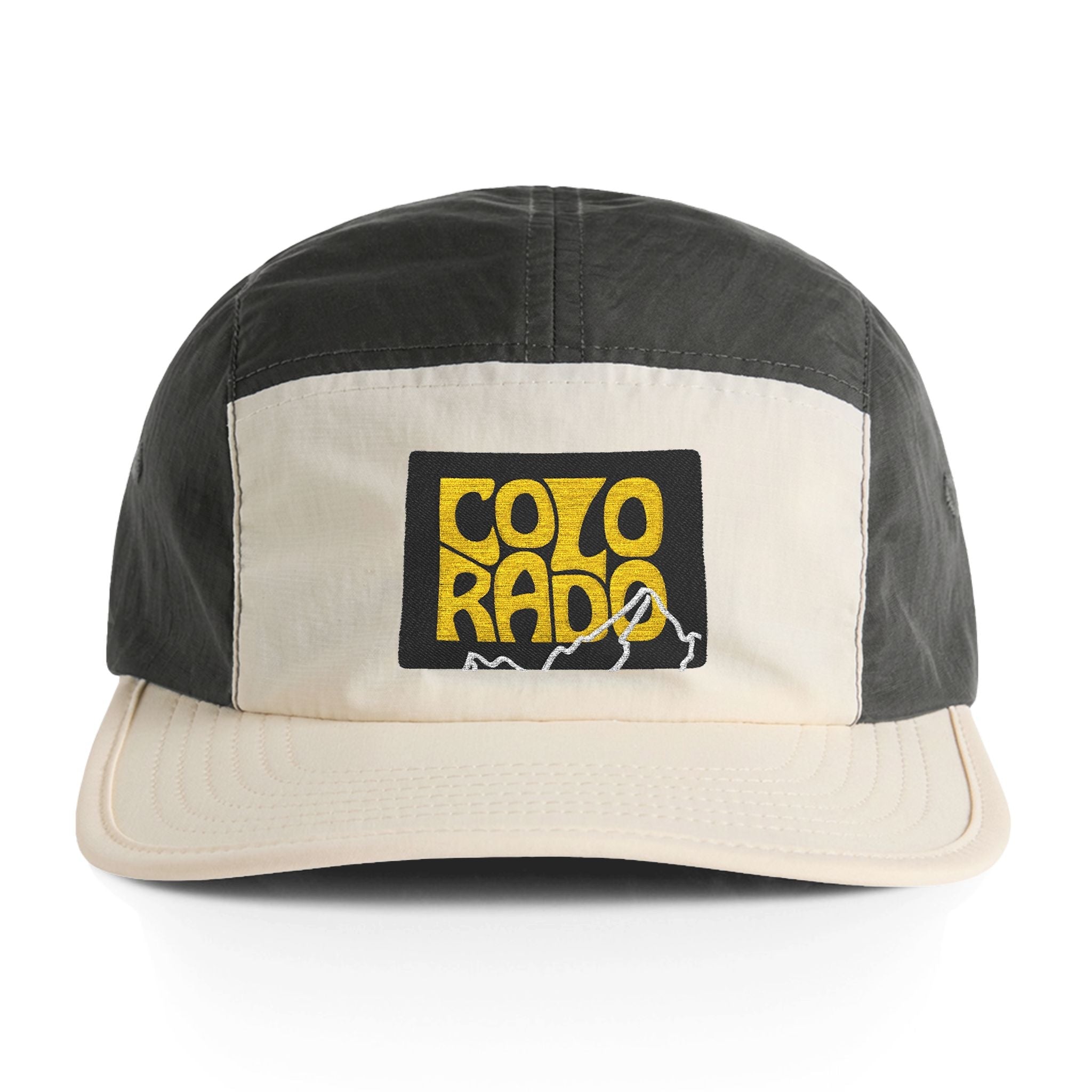 custom colorado hat built for cycling and outdoor athletes. Designed in Colorado springs. Text has Colorado on it with mountains for breathable and adjustable hat. 
