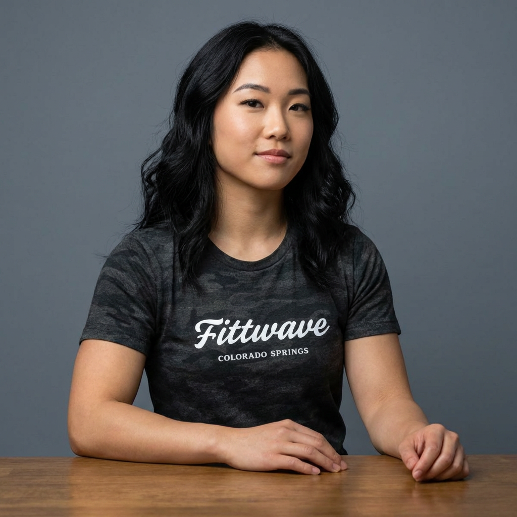 female wearing Fittwave colorado springs moisture wicking tee. The individual is sitting at a desk but shows clothing can be worn anywhere for summer or spring time. 