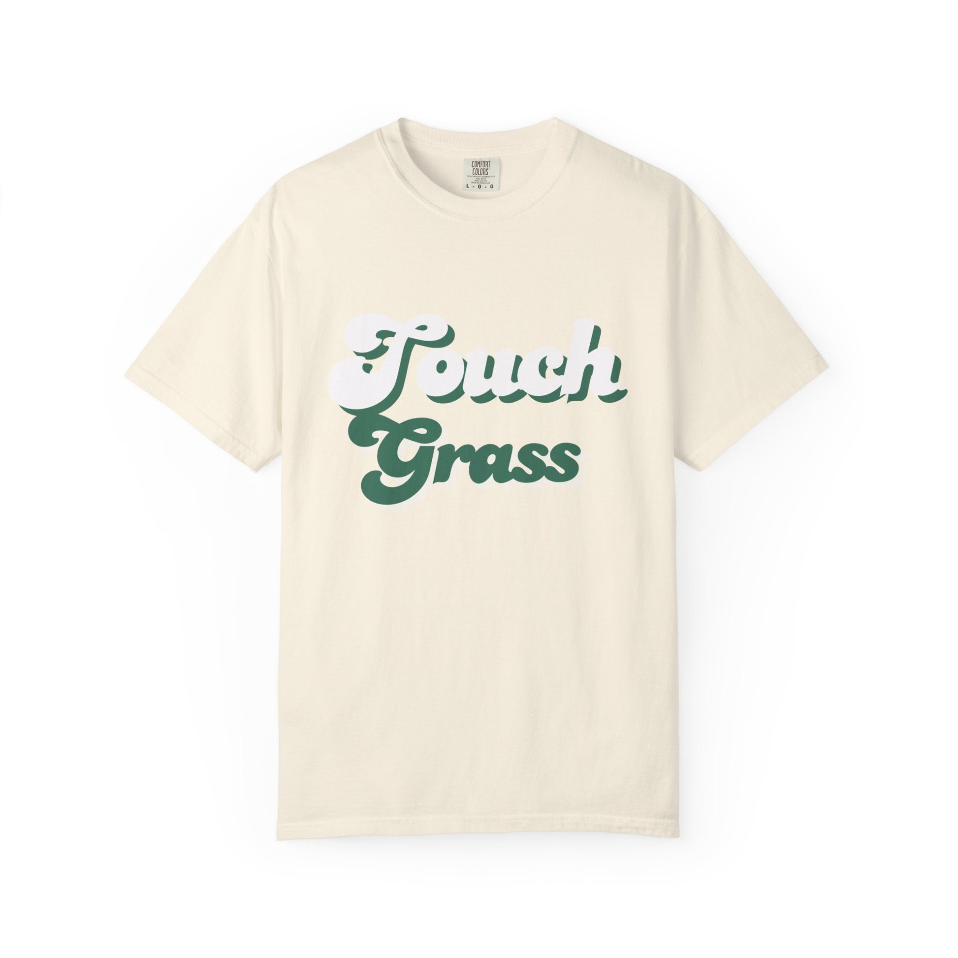 Retro Themed Touch Grass T-Shirt — Retro Green Script Tee for him and for her. By FITTWAVE