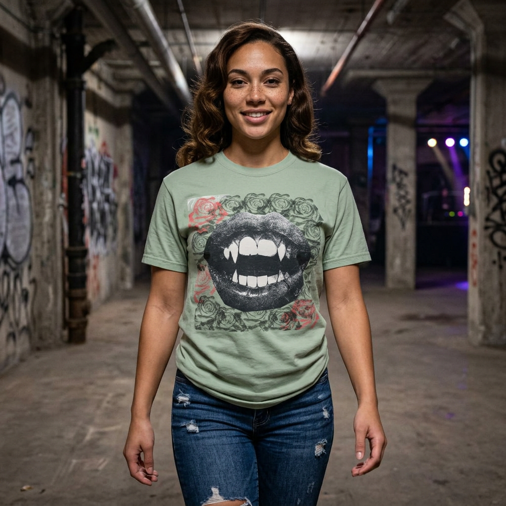 Vintage Halloween Vampire Fangs Mouth Roses T-shirt | Comfort Colors® T Shirt, Retro Sci Fi Vampire Book Lover Graphic Tee