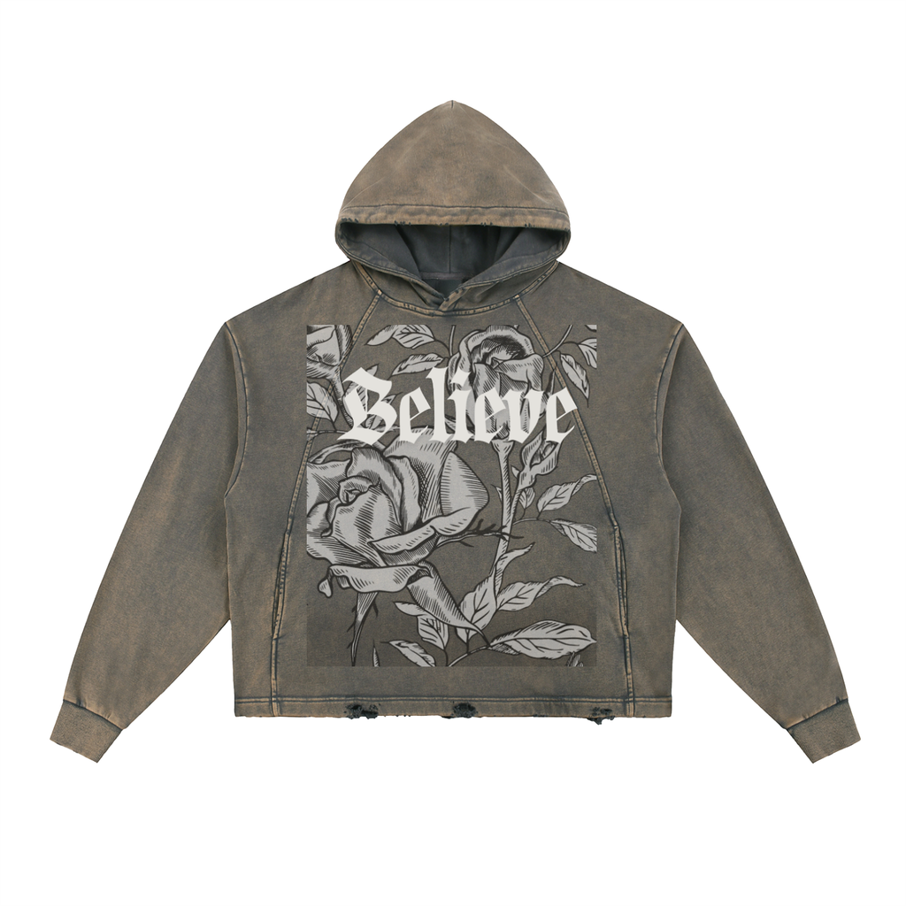 Believe Vintage Washed Frayed Hem Hoodie By Fittwave Fitness Unisex Cotton Blend