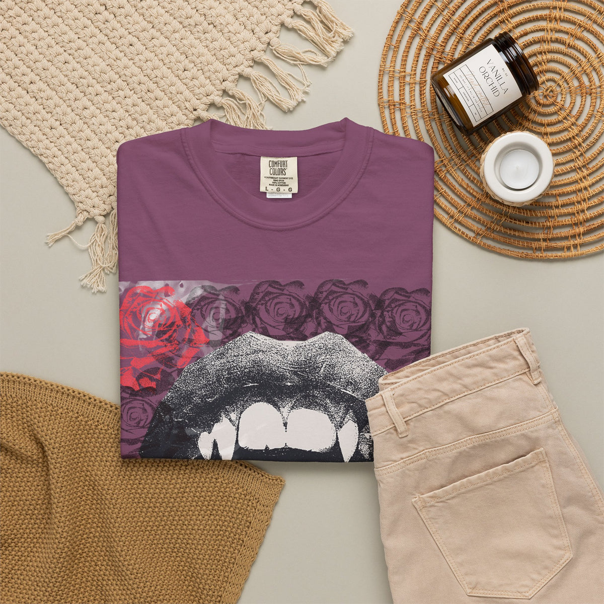 Vintage Halloween Vampire Fangs Mouth Roses T-shirt | Comfort Colors® T Shirt, Retro Sci Fi Vampire Book Lover Graphic Tee