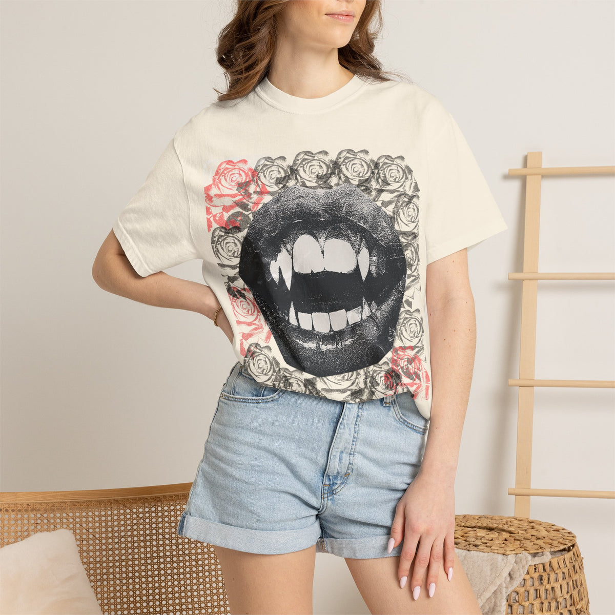 Vintage Halloween Vampire Fangs Mouth Roses T-shirt | Comfort Colors® T Shirt, Retro Sci Fi Vampire Book Lover Graphic Tee