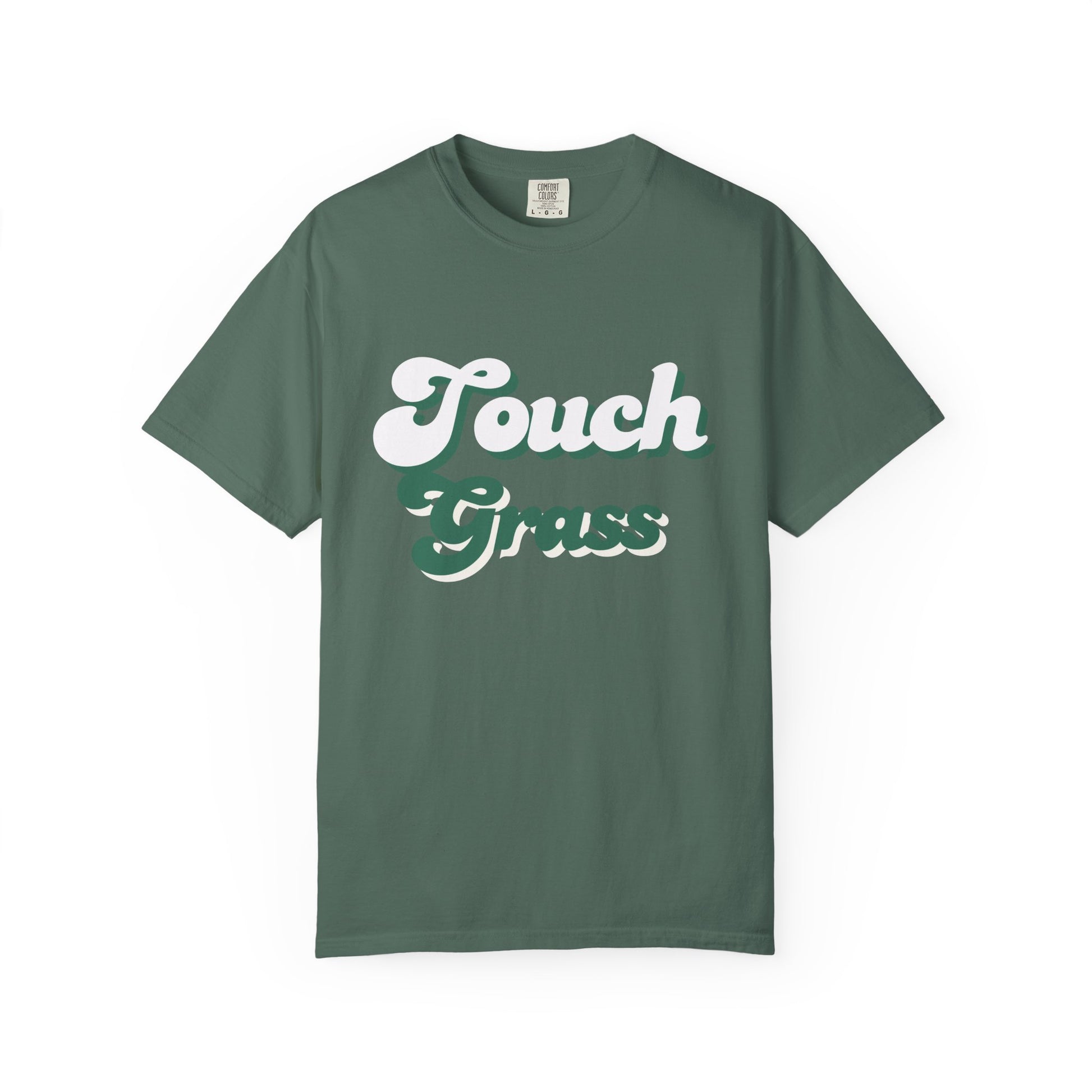 Retro Themed Touch Grass T-Shirt — Retro Green Script Tee for him and for her. By FITTWAVE