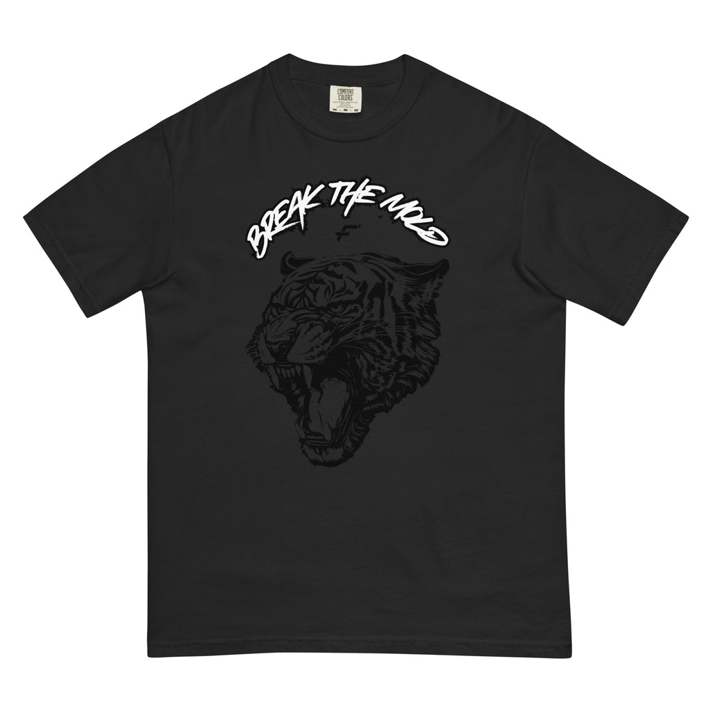T-shirt front of the unisex  the black graphic t-shirt with a tiger print and that says via text 'BREAK THE MOLD' designed by Fittwave Fitness Inc. a 501c3 non-profit based in Colorado Springs, Colorado. 